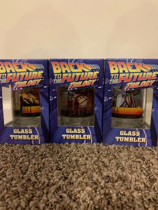 Back To The Future Trilogy Tumbler Glass Set In Boxes 1 2 3 Marty Doc Delorean