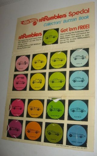Vintage 1970 Mattel Hot Wheels Rrrumblers Collectors Button Book Redline Era See