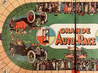 Circa 1920s " Grande Auto Race " Board Game,  With 4 Cast Metal Race Cars