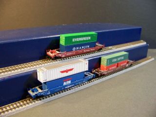 Micro - Trains Z,  3 - Cars W/containers,  70’ Gunderson Well Cars,  Bnsf / Apl / Sp