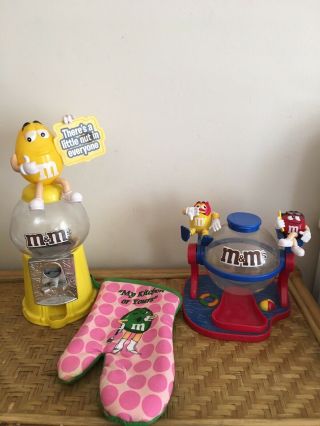 M&ms 3 Items Collectable,  Yellow And Red M Ms Oven Mitt.  2 X Dispensers