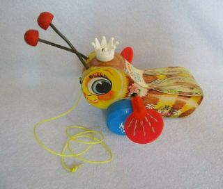 Vintage Fisher Price Wood Pull Toy Queen Buzzy Bee Wings Turn - 1960s