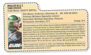 1985 Heavy Metal V.  1 File Card 1 Peach Filecard Bio Gi/g.  I.  Joe Jtc