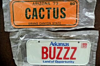 1980 Arizona / Arkansas Post Honeycomb Cereal Mini Bicycle License Plate X2