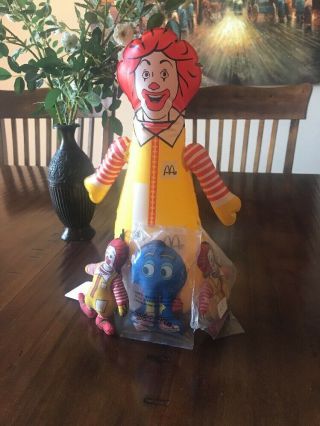 Vintage Ronald Mcdonald Blow Up Doll 13”,  And 3 Small Plush Dolls 4 1/4”