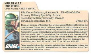 1985 Heavy Metal V.  1 File Card Peach Filecard Bio Gi/g.  I.  Joe Cobra Jtc