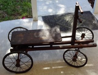 Rare Antique Irish Mail Cart Kart Push Pull Gear Toy Pedal Car Wire Wheels N/rsv
