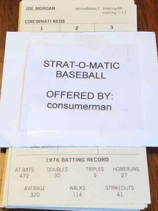Strat - O - Matic Baseball 1976 Cincinnati Reds -