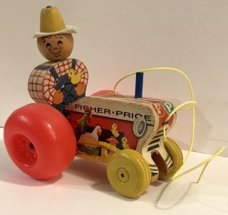 Fisher Price 629 Tractor & Farmer Vintage 1961 Wooden Pull Toy