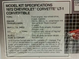 Amt/Ertl 1972 LT - 1 Chevrolet Corvette Convertable 1:25 Scale Model Kit 4