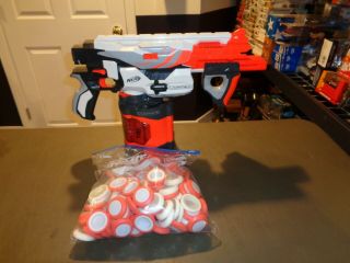 Nerf Vortex Pyragon Disc Blaster Shooter Gun Large Drum W/ Bag Of Foam Discs