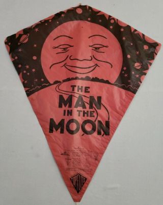 Rare Vintage Top Flite Topflite Wax Paper Kite Man In The Moon Red & Black