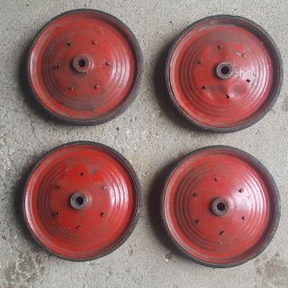 Set Of Four (4) Antique Vintage 9 " Red Pedal Car Wheels & Rubber Tires Wagon ?