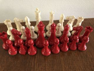 Vintage 1950s Staunton Design Red & White Chess Set 3 " Kings 1.  5 " Pawns Weighted