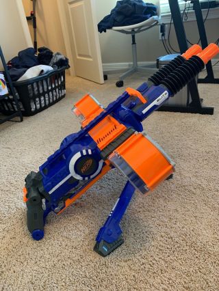 Nerf Rhino Fire W/ Tripod,  Darts,  Blue And Orange Nerf Gun Rapid Fire