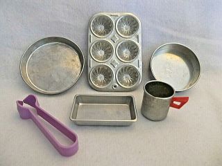 Pretend Play Metal Dishes - 3 Baking Pans - Muffin Pan - Measuring Cup - Thongs