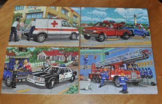 Melissa And Doug 4 Jigsaw Puzzles First Responder Vehicles In Wooden Box Fd,  Pd