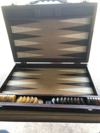 Crisloid (?) Backgammon Case With 30 Bakelite Chips - Butterscotch & Brown Swirl