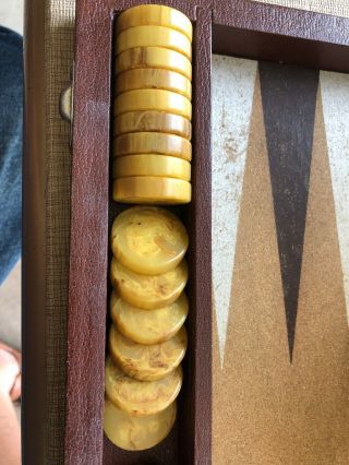Crisloid (?) Backgammon Case With 30 Bakelite Chips - Butterscotch & Brown Swirl 2