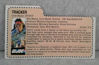 1984 Gi Joe Spirit Tracker Red Back Mail Away Filecard File Card Arah Hasbro