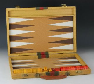 Backgammon Board Game W Yellow Red Marbelized Bakelite Checkers W Carry Case Sms