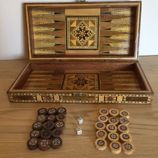 Backgammon Checkers Board Game Mother Of Pearl Inlaid Wood Complete