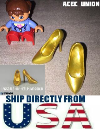 1/6 Scale High Heel Pumps Shoes Gold For 12 " Phicen Female Figure U.  S.  A.  Seller
