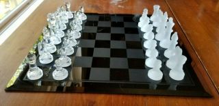 Glass Chess Set Clear & Frosted Glass On 15 " Black Glass Board