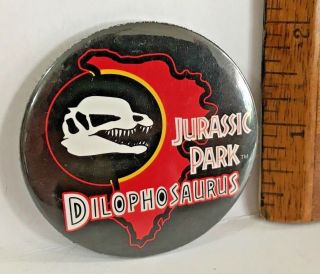1993 Dilophosaurus Skull Jurassic Park Map Vintage Pinback Tin Badge 1st Movie