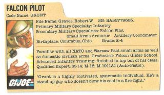 1983 Grunt V.  2 File Card 2 Peach Filecard Bio Gi Joe Falcon Pilot Jtc