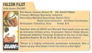 1983 Grunt V.  2 File Card Peach Filecard Bio Gi Joe Falcon Pilot Jtc