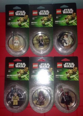 Lego Star Wars Magnets Set Of 6 - Darth,  Obi Wan,  Han,  Chewie,  Luke,  And Leia