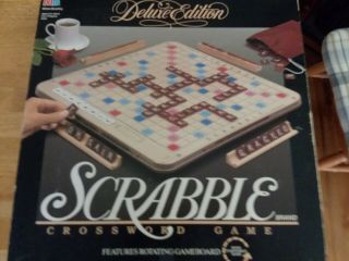 1989 Milton Bradley Scrabble Deluxe Edition Board Turntable Base & Box & Tiles