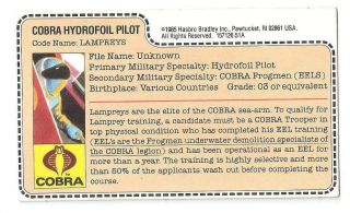 1985 Cobra Lampreys V.  1 Uncut File Card Peach Filecard Bio Gi Joe Jtc