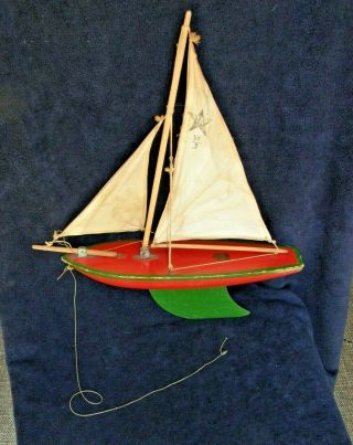 Star Sailing Pond Yacht Birkenhead Toy Model Sy/3 On Sail Signed Vtg England