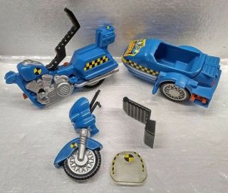 1991 Tyco The Incredible Crash Test Dummies Blue Motorcycle Toy w/ Red Helmets 8