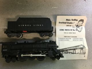 Lionel O Gauge 2037 Steam Locomotive W/box & Liner And 6466w Whistle Tender