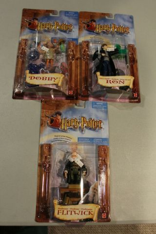 3 Harry Potter Figures Moc 2002 Flitwick Dobby & Ron Weasley Cast - A - Spell Nos Nm