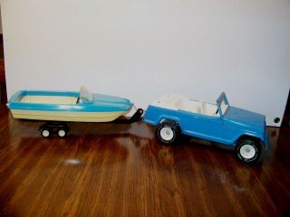 Vintage Tonka Jeepster Runabout With Plastic Boat & Trailer 1960’s 13” Jeep