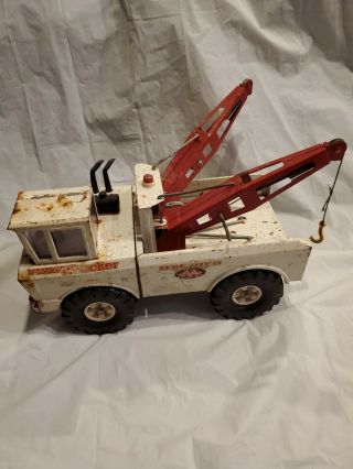 Vintage Mighty Tonka Double Boom Wrecker Aa 24 Hour Service Tow Truck White