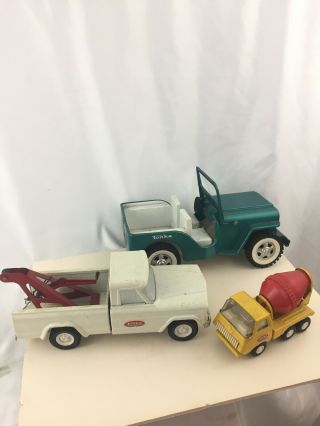 3 Vintage Pressed Steel Tonka Toy Trucks - Jeep,  Cement Mixer,  & Tow Truck