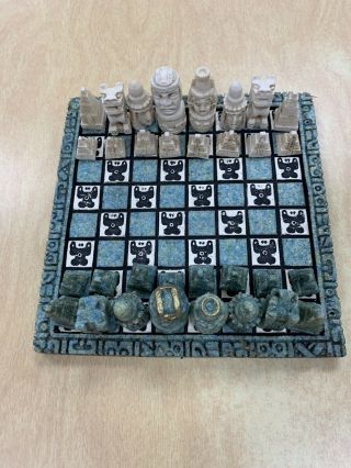 Vintage Antique Style Alabaster Carved Mexican Aztec Maya Chess Set Complete