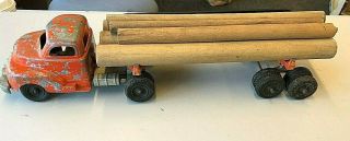 Vintage Orange Hubley Diecast Semi Truck Stake Log Trailer Flatbed 500 Series
