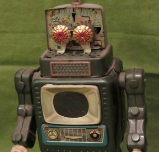 Alps Japan 1950s TELEVISION SPACE MAN ROBOT Tin Toy TV Has Antenna EX with NR 2