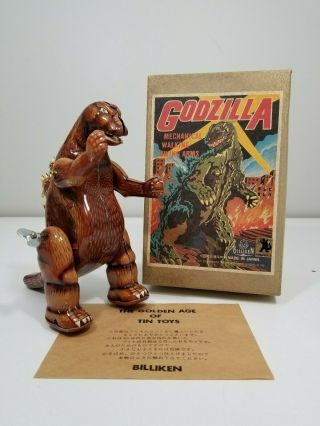 Godzilla Mechanical Walking Billiken Japan Wind - Up Brown Tin Toy 7 - Inch