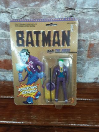 Vintage 1989 Batman Movie Joker Squirting Orchid Figure Toy Biz On Card