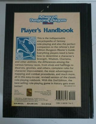Advanced Dungeons & Dragons Players Handbook 2nd Edition 2101 HC AD&D Cook 2