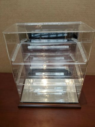 3 Car Tiered & Angled Acrylic 1:24 Display Case With Wood Base And Mirrored Back