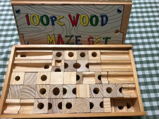 Wooden Building Blocks 100 Set Marble Run Maze In Wooden Box Pre Owned