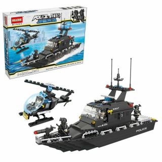 City Police Swat Escort Boat Helicopter Model Building Blocks Fit Lego Toy